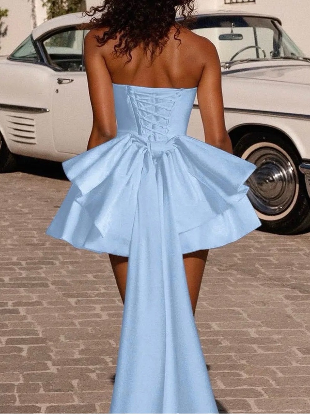 Strapless Light Blue Mini Dress with Train